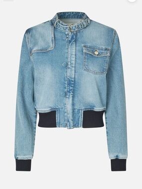 Baum und pferdgarten Light Wash Denim Bomber Jacket with Black Rib Trim size 12